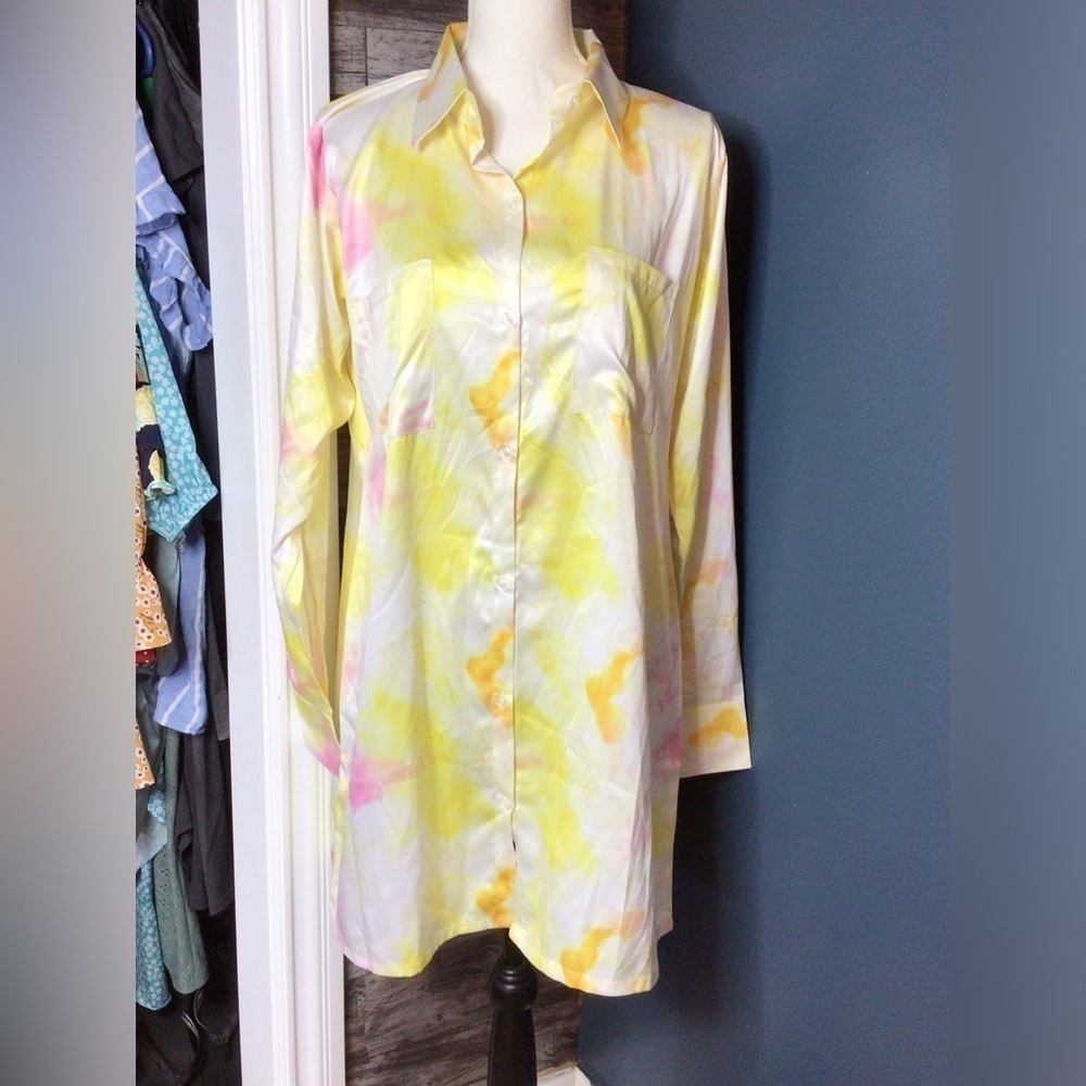 Xl Yellow Print long Sleeves shirt  Dress   (0163) - Picture 2 of 7
